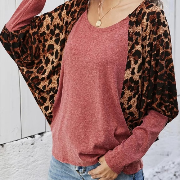 Casual Batwing Sleeve Drop Shoulder Leopard Print T-Shirts Women's Clothing - Picture 4 of 6